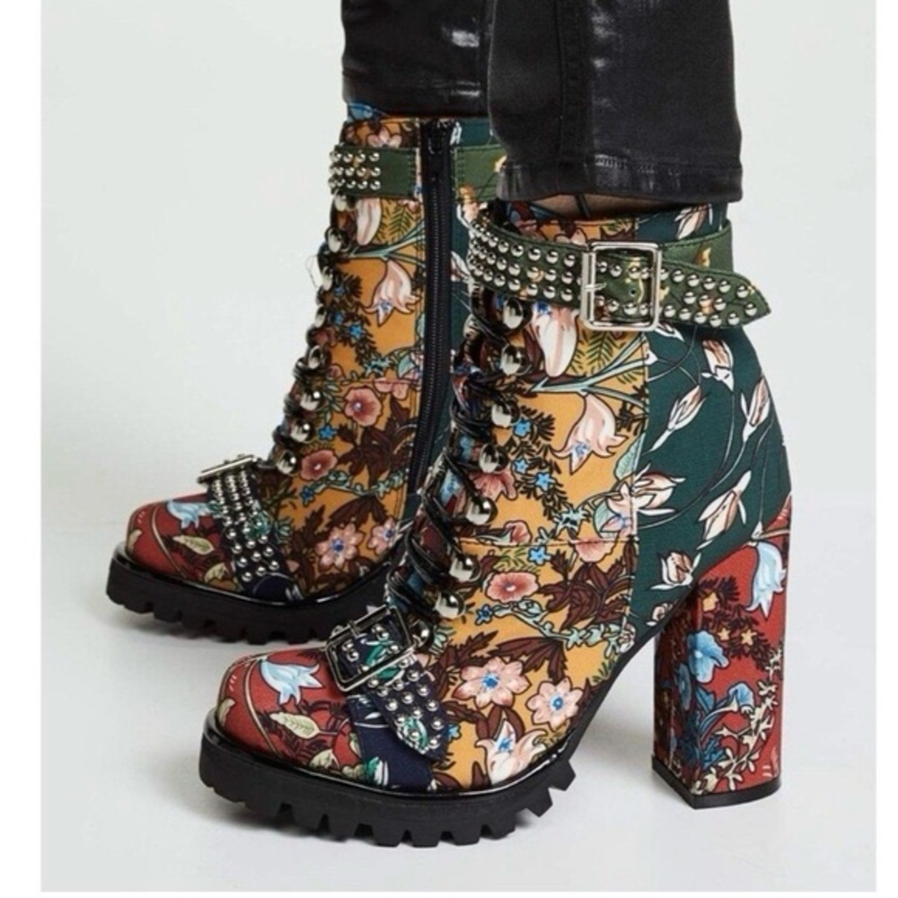 Jeffrey Campbell Floral Patchwork Studded Combat Boots Size 11
